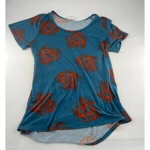 Lularoe Randy Shirt Womens Size Large Blue Orange Floral Short Sleeve Pullover